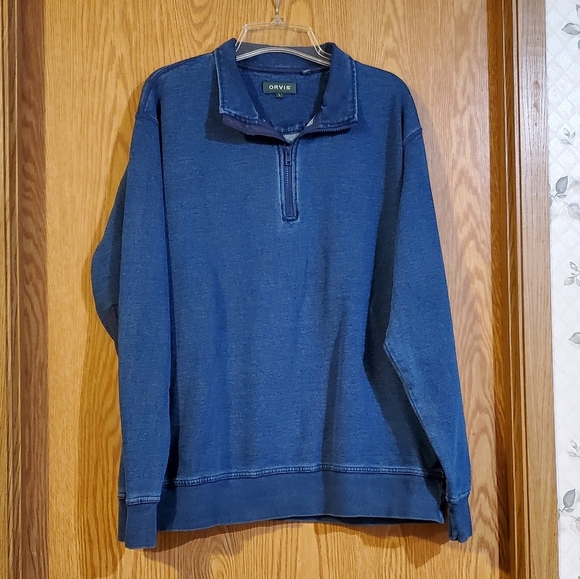 Orvis blue denim 1/4 zip pullover with elbow patches cotton size L - Picture 2 of 9
